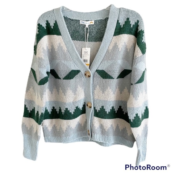 New C&C CALIFORNIA Aztec Print Oversized Cropped Cardigan V Neck Blue Sweater S - Picture 2 of 13